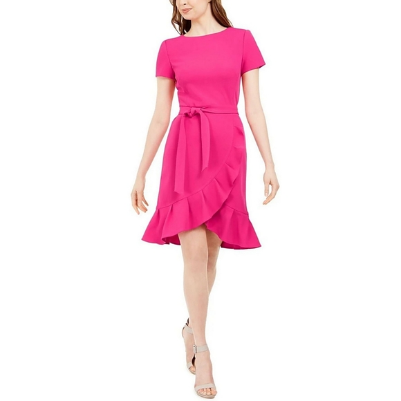 CALVIN KLEIN Ruffle Hem Belted Petite Dress Womens size 0 - Picture 4 of 7